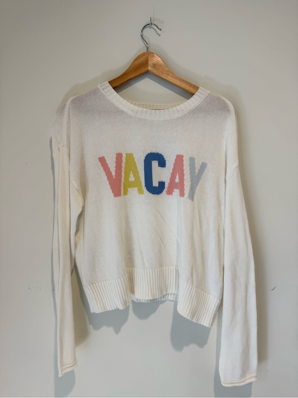 Z Supply White 'VACAY' Crewneck Sweater with Multicolor Letters